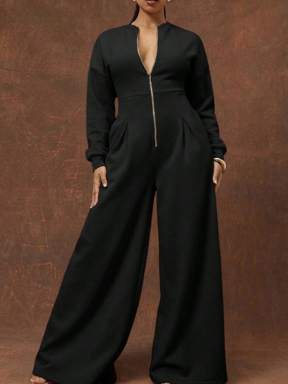 Black Elegant Women's Pocket Zipper Button Front Loose Fit Drop Sleeve Jumpsuit - Picture 4 of 5